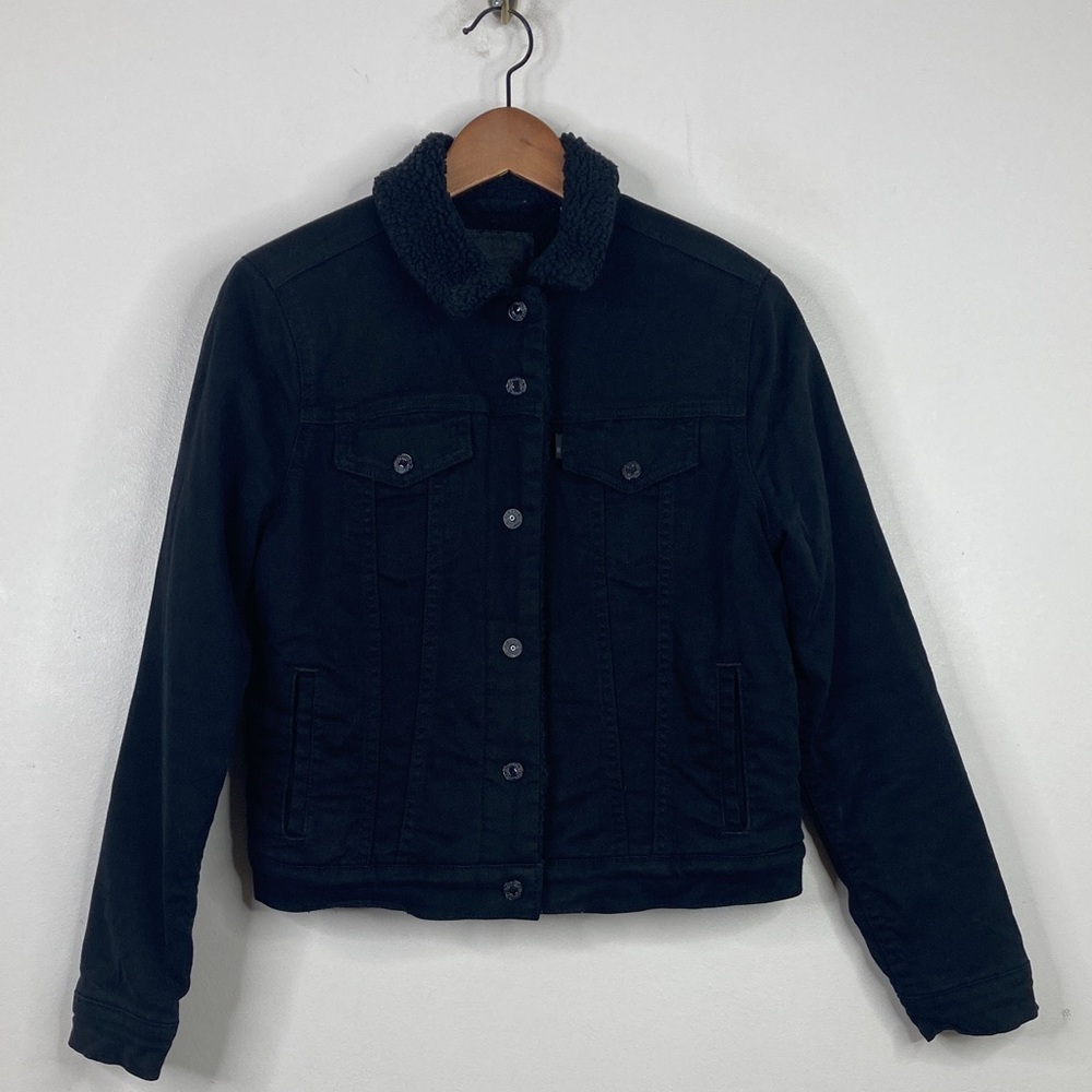 Levi's Sherpa Jean Jacket Womens Medium Black Denim Short Crop Trucker